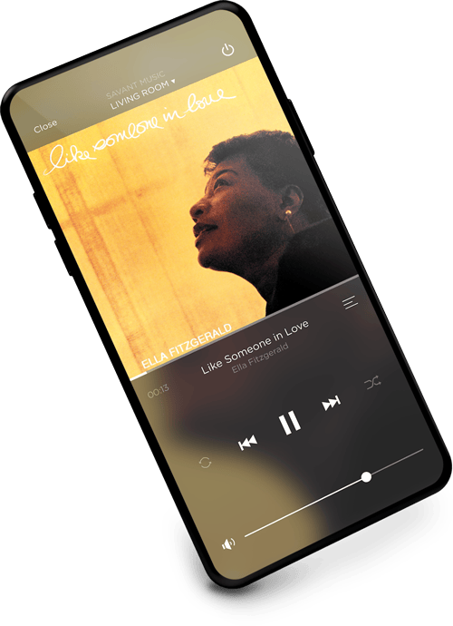 Savant app showing music playback of Ella Fitzgerald's Like Someone in Love on a smartphone.