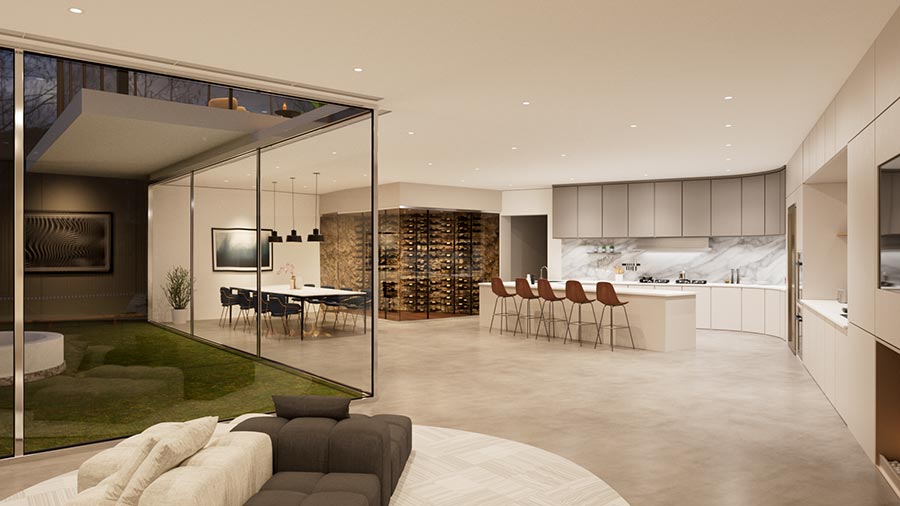 A modern open-concept kitchen and living area with sleek cabinetry, a marble backsplash, and a wine wall. Large glass doors provide a seamless indoor-outdoor connection.