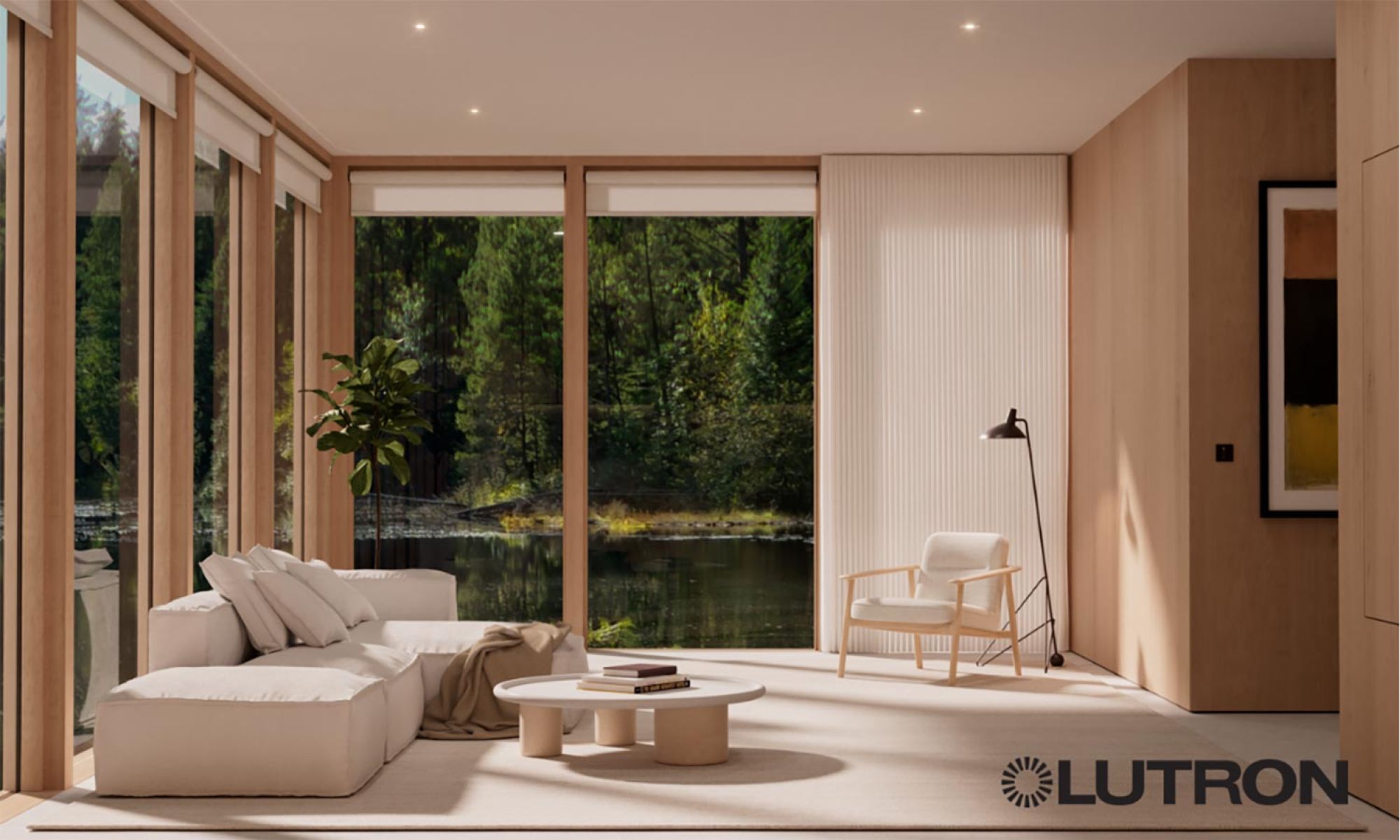 A tranquil living space with floor-to-ceiling windows revealing a lush lakeside view, featuring a soft white sectional sofa, wooden accents, and automated window shades.