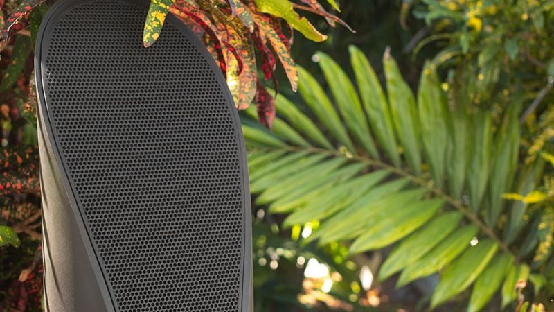 An outdoor speaker placed among plants and mulch in a landscaped garden setting.
