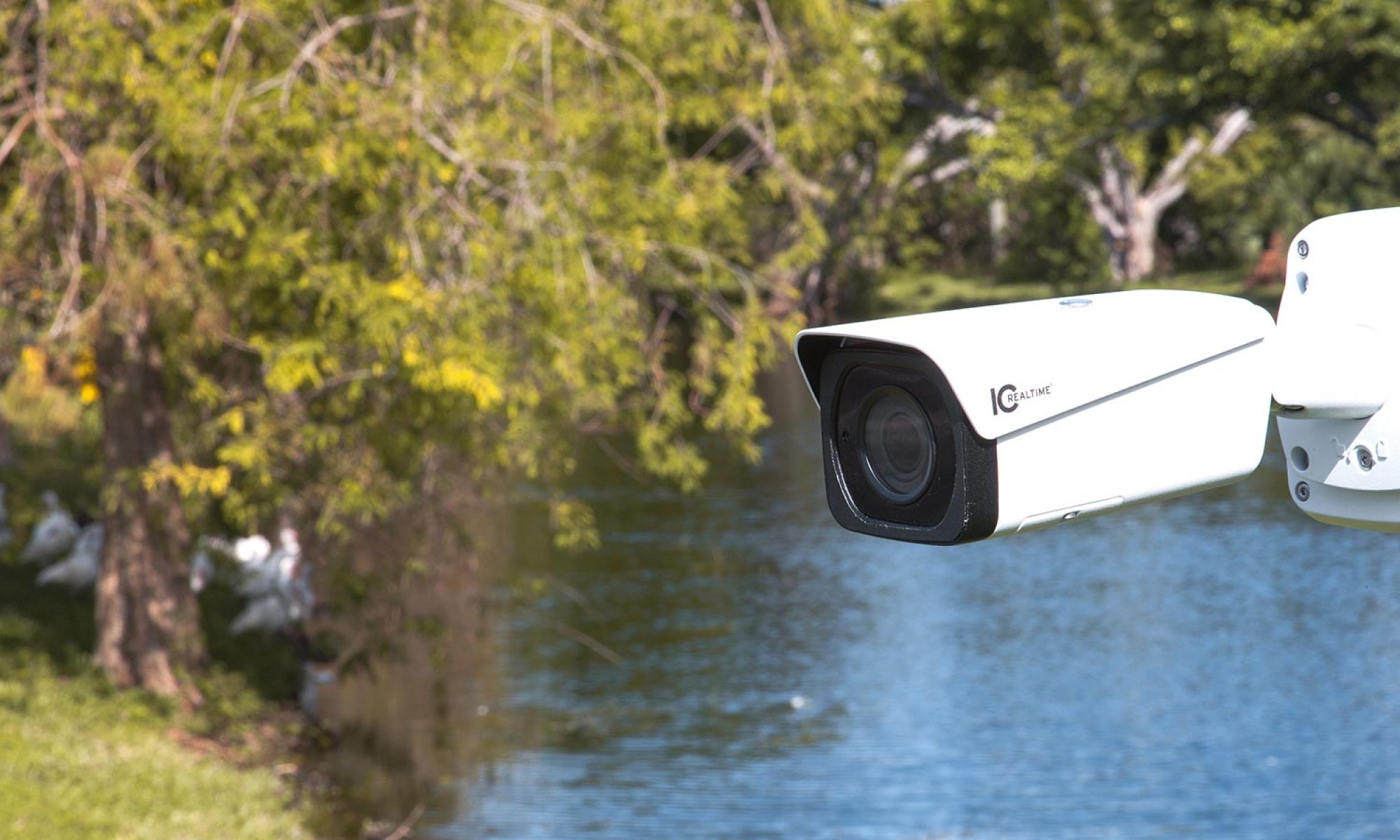A security camera mounted outdoors, overlooking a serene pond with trees and birds in the background.