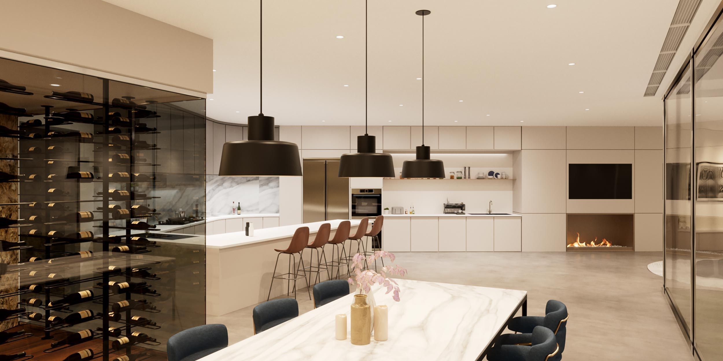 A sleek kitchen with pendant lighting and a glass-enclosed wine rack.